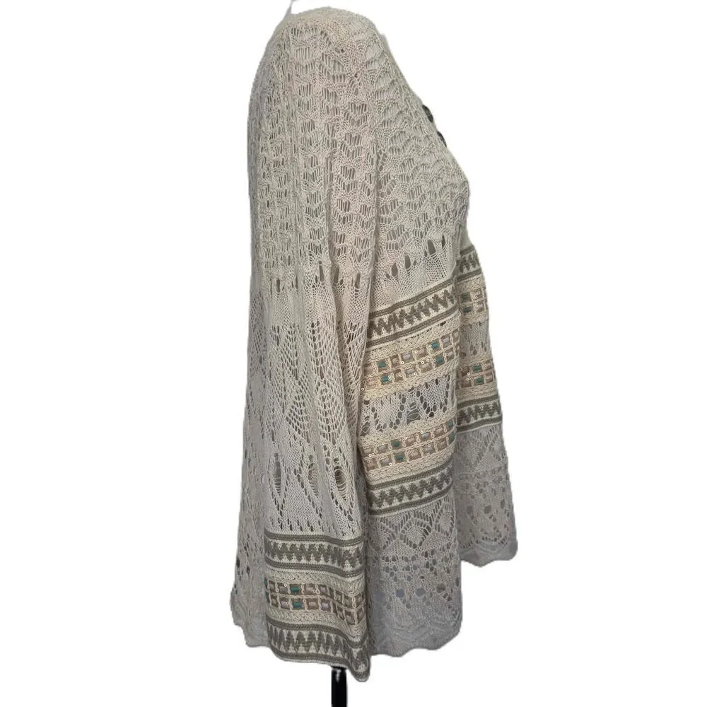 POL Sweater Crocheted Cream‎ Multicolor Embroidered Accents Pullover Size Medium